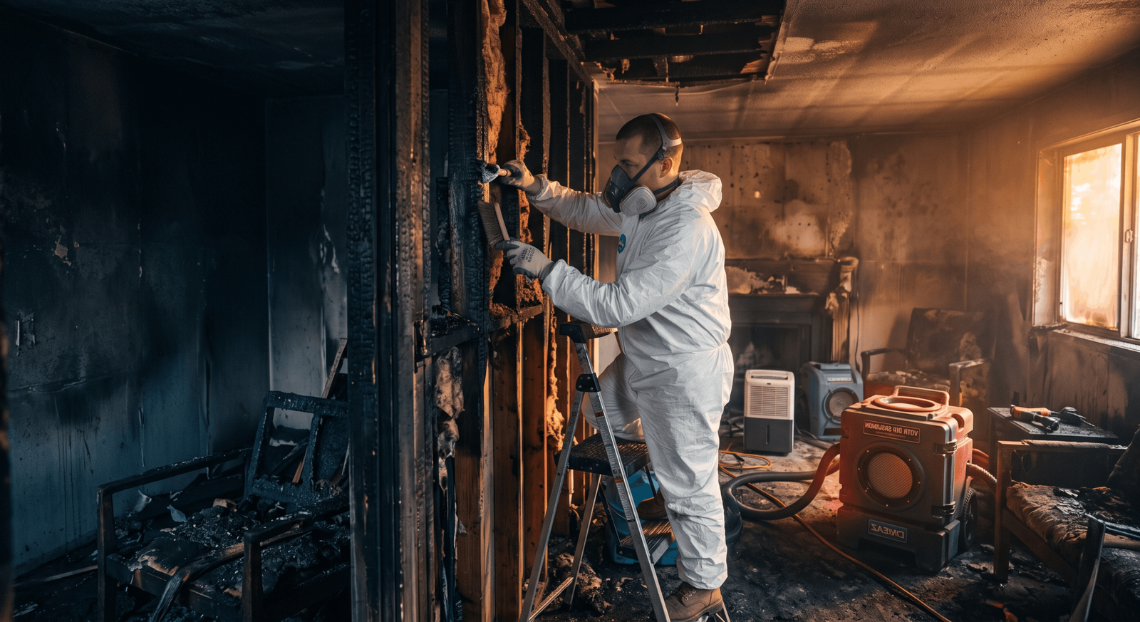 Technician cleaning wet soot residue after a Grapevine kitchen fire