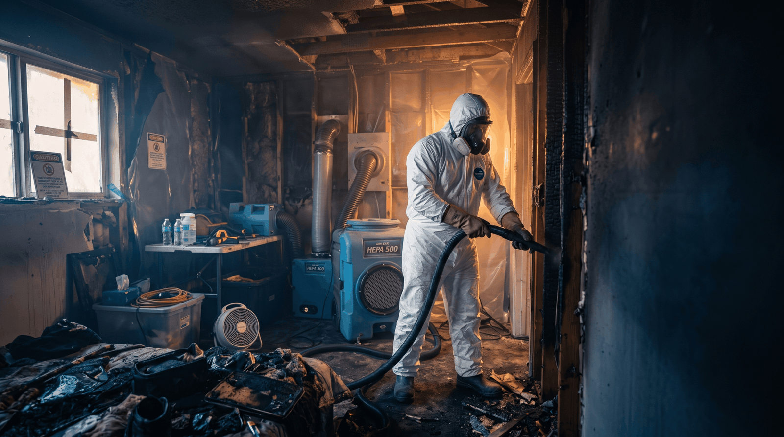 Grapevine fire damage restoration crew performing emergency board-up after a house fire in Grapevine TX